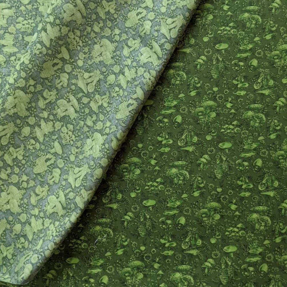 Vintage 1970's Mushroom Fabric Avocado Green Cottagecore Funky Calico Print 3yd - Picture 8 of 10